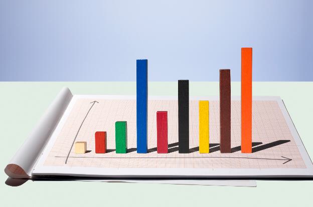 Bar chart arranged by multi colored wooden rods on graph paper with pen
